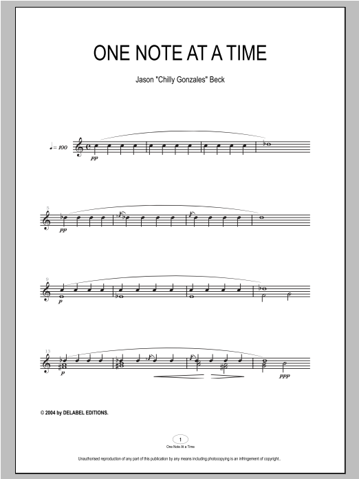 Learn to play Chilly Gonzales One Note At A Time sheet music for Piano Solo in minutes. Price: 7.8900$ Chilly Gonzales One Note At A Time sheet music notes and chords arranged for Piano Solo