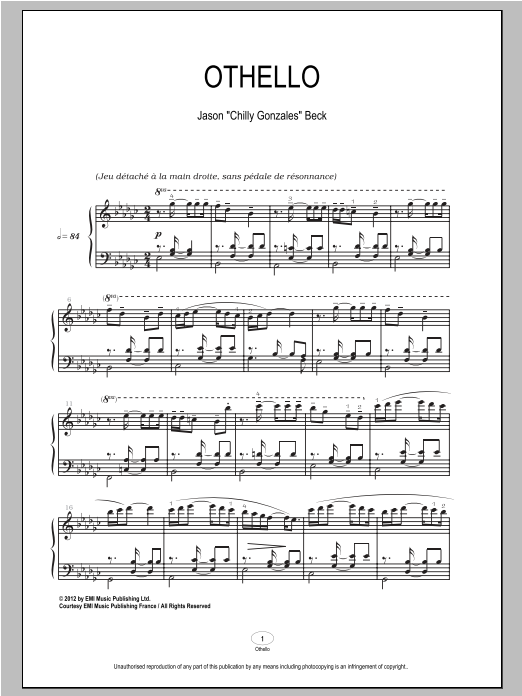 Chilly Gonzales Othello sheet music notes and chords. Download Printable PDF.