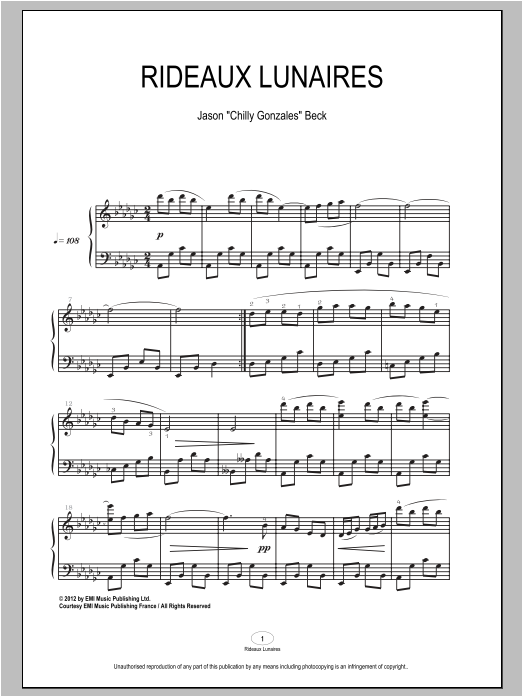 Chilly Gonzales Rideaux Lunaires sheet music notes and chords. Download Printable PDF.