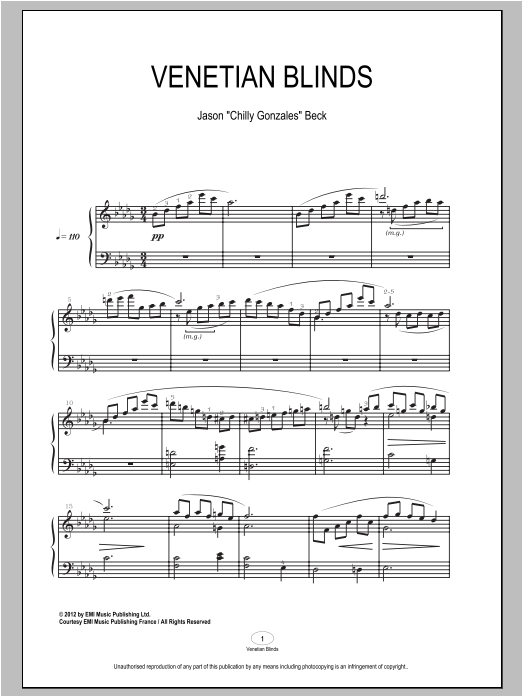 Learn to play Chilly Gonzales Venetian Blinds sheet music for Piano Solo in minutes. Price: 7.8900$ Chilly Gonzales Venetian Blinds sheet music notes and chords arranged for Piano Solo