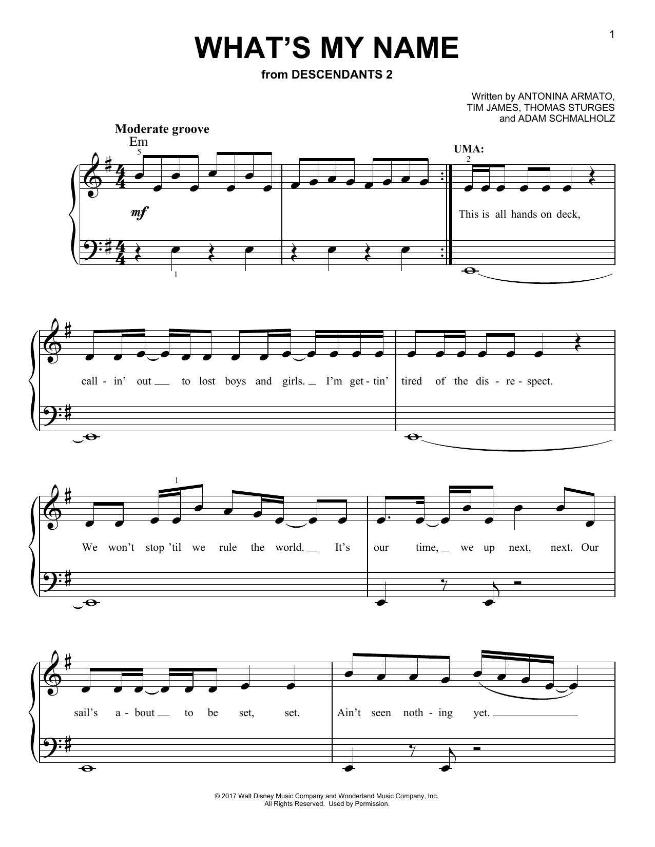 China Anne McClain, Dylan Playfair & Thomas Doherty What's My Name (from Disney's Descendants 2) sheet music notes and chords. Download Printable PDF.