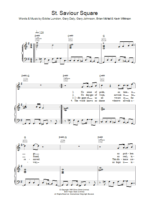 Learn to play China Crisis St. Saviour Square sheet music for Piano, Vocal & Guitar Chords in minutes. Price: 7.8900$ China Crisis St. Saviour Square sheet music notes and chords arranged for Piano, Vocal & Guitar Chords