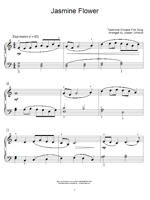 Chinese Folk Song Jasmine Flower Song sheet music notes and chords. Download Printable PDF.