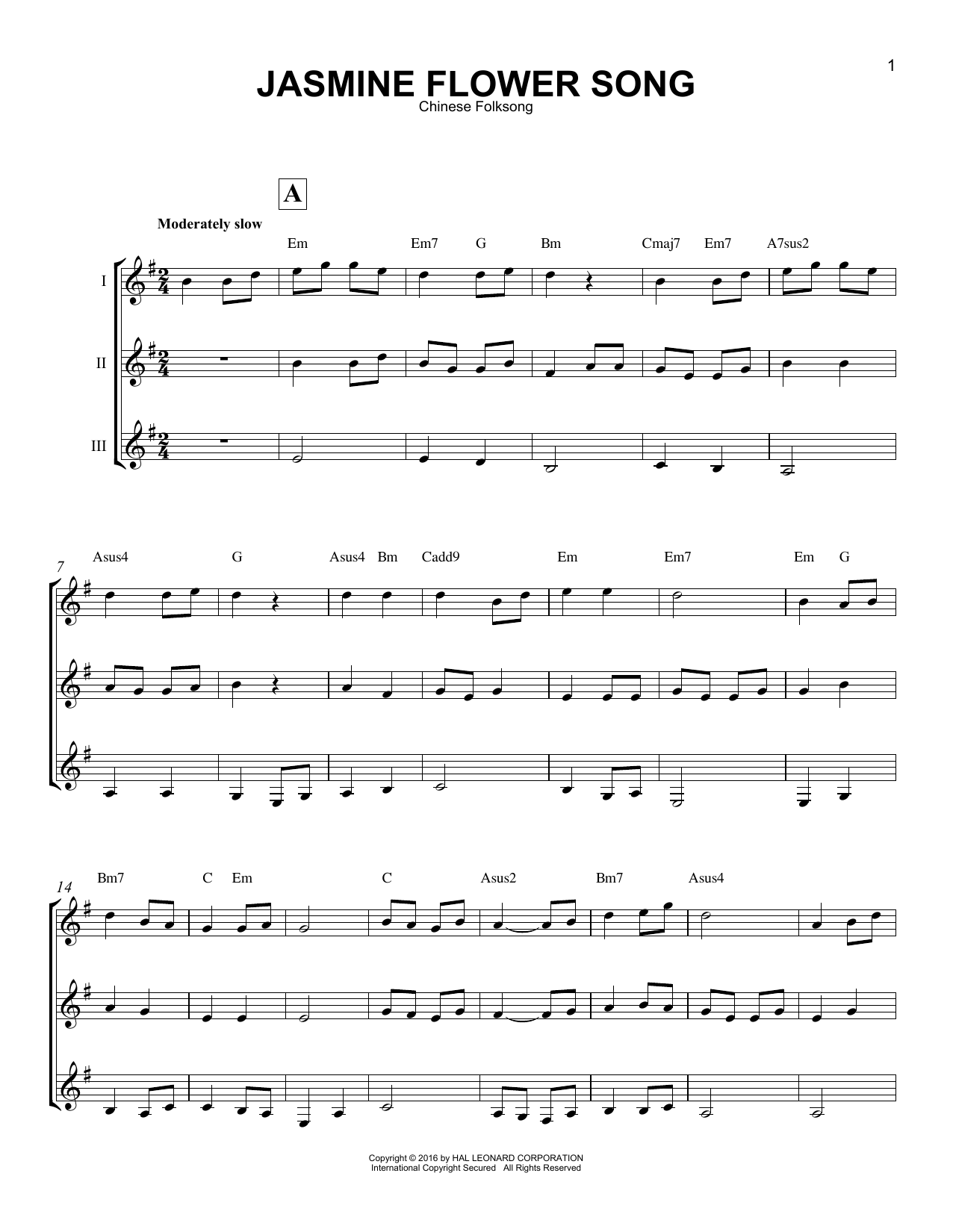 Chinese Folksong Jasmine Flower Song sheet music notes and chords. Download Printable PDF.