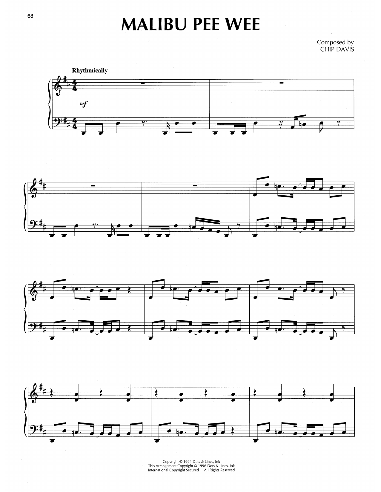 Learn to play Chip Davis Malibu Pee Wee sheet music for Piano Solo in minutes. Price: 7.8900$ Chip Davis Malibu Pee Wee sheet music notes and chords arranged for Piano Solo