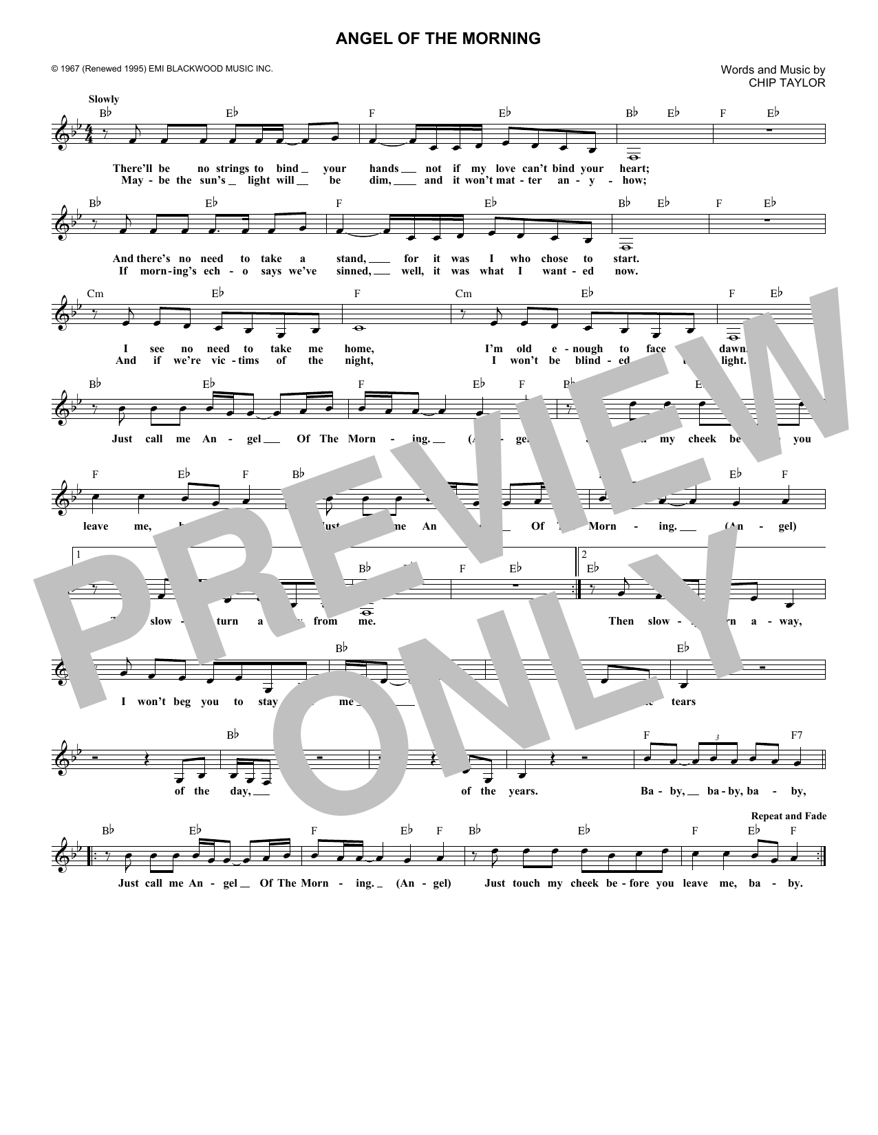 Learn to play Chip Taylor Angel Of The Morning sheet music for Lead Sheet / Fake Book in minutes. Price: 5.9900$ Chip Taylor Angel Of The Morning sheet music notes and chords arranged for Lead Sheet / Fake Book
