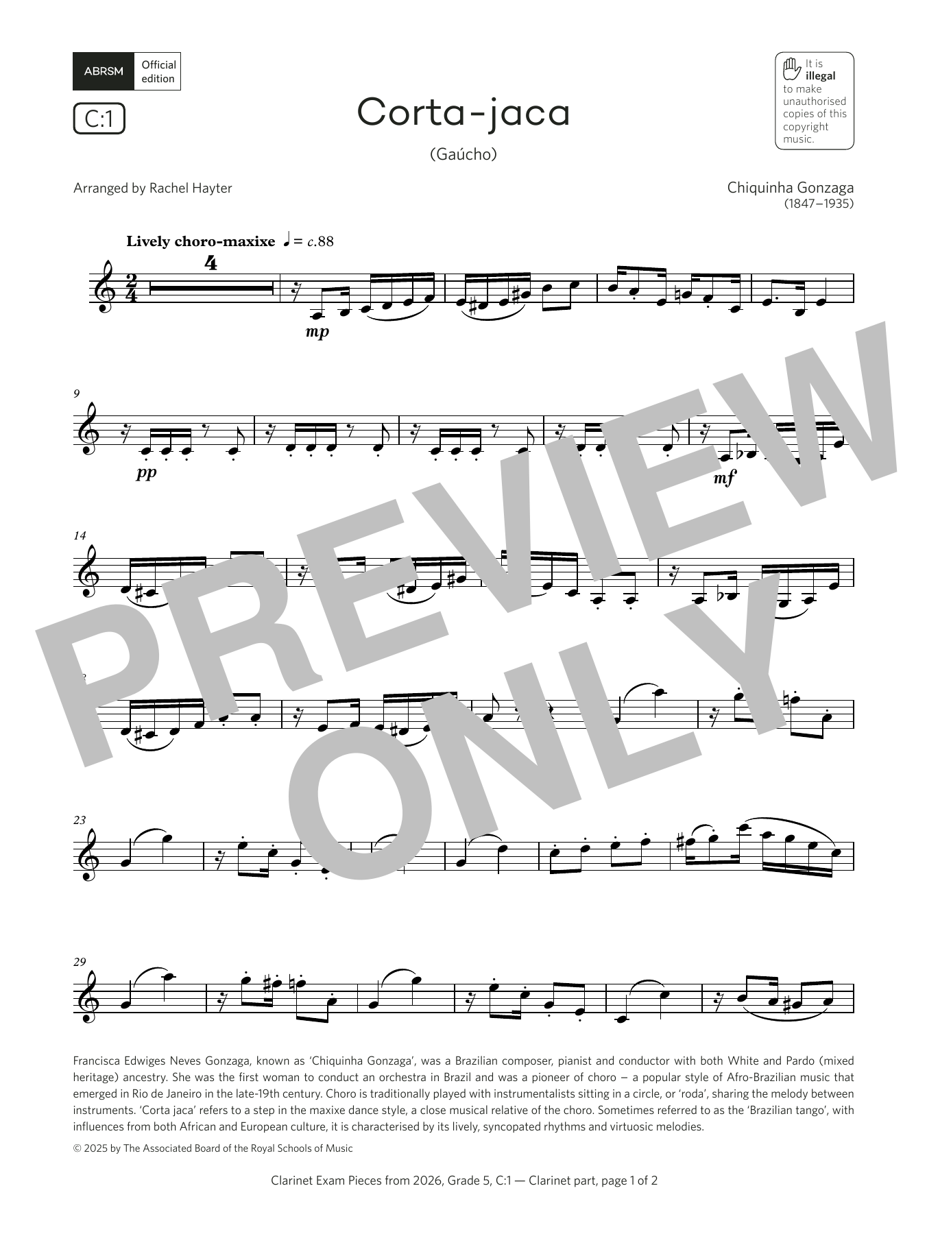 Chiquinha Gonzaga Corta-jaca (Grade 5, list C1, from the ABRSM Clarinet Syllabus from 2026) sheet music notes and chords arranged for Clarinet Solo