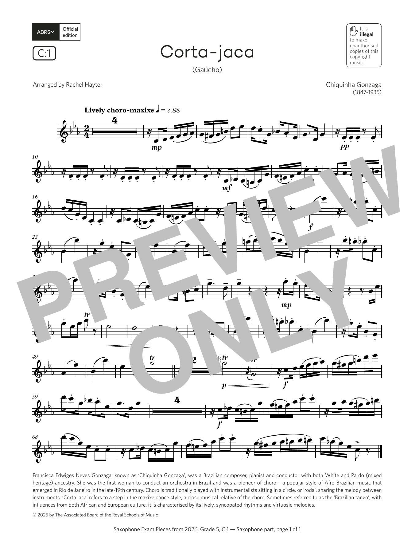 Learn to play Chiquinha Gonzaga Corta-jaca (Grade 5, list C1, from the ABRSM Saxophone Syllabus from 2026) sheet music for Alto Sax Solo in minutes. Price: 5.9900$ Chiquinha Gonzaga Corta-jaca (Grade 5, list C1, from the ABRSM Saxophone Syllabus from 2026) sheet music notes and chords arranged for Alto Sax Solo