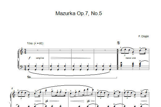 Learn to play Frederic Chopin Mazurka in C Major, Op. 7, No. 5 sheet music for Piano Solo in minutes. Price: 7.8900$ Frederic Chopin Mazurka in C Major, Op. 7, No. 5 sheet music notes and chords arranged for Piano Solo