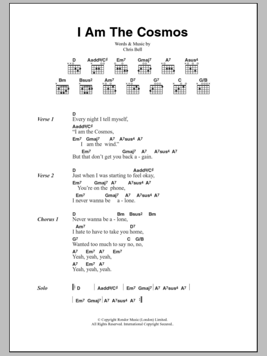 Chris Bell I Am The Cosmos sheet music notes and chords arranged for Guitar Chords/Lyrics