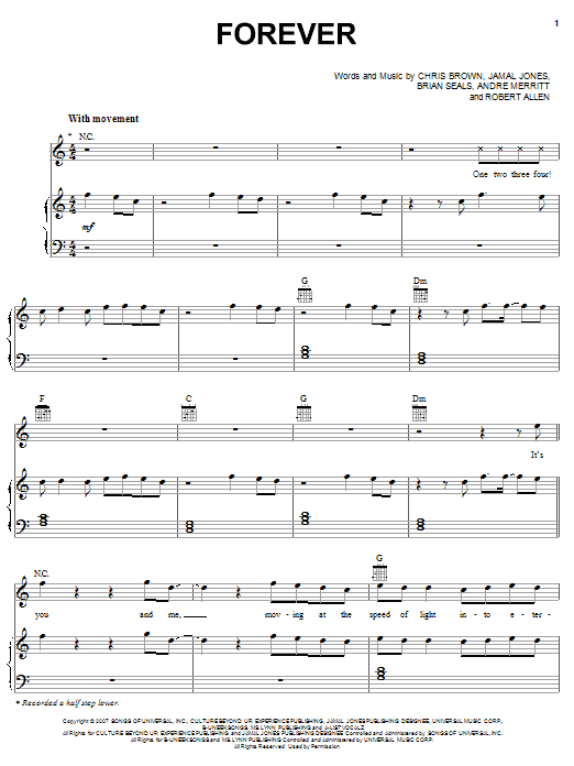 Learn to play Chris Brown Forever sheet music for Piano, Vocal & Guitar Chords (Right-Hand Melody) in minutes. Price: 7.8900$ Chris Brown Forever sheet music notes and chords arranged for Piano, Vocal & Guitar Chords (Right-Hand Melody)