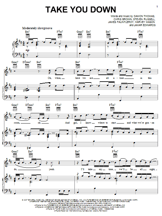 Learn to play Chris Brown Take You Down sheet music for Piano, Vocal & Guitar Chords (Right-Hand Melody) in minutes. Price: 7.8900$ Chris Brown Take You Down sheet music notes and chords arranged for Piano, Vocal & Guitar Chords (Right-Hand Melody)