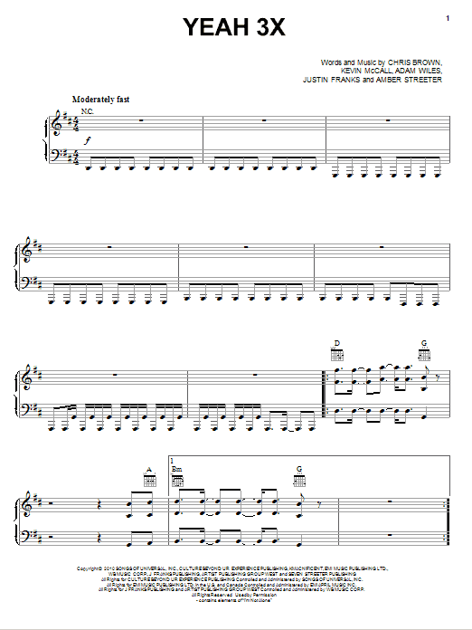 Learn to play Chris Brown Yeah 3X sheet music for Piano, Vocal & Guitar Chords (Right-Hand Melody) in minutes. Price: 7.8900$ Chris Brown Yeah 3X sheet music notes and chords arranged for Piano, Vocal & Guitar Chords (Right-Hand Melody)