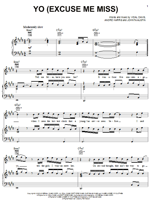 Learn to play Chris Brown Yo (Excuse Me Miss) sheet music for Piano, Vocal & Guitar Chords (Right-Hand Melody) in minutes. Price: 7.8900$ Chris Brown Yo (Excuse Me Miss) sheet music notes and chords arranged for Piano, Vocal & Guitar Chords (Right-Hand Melody)
