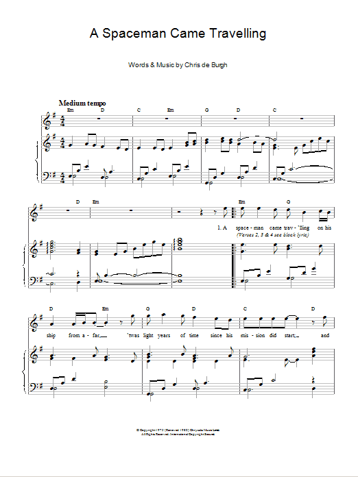 Chris de Burgh A Spaceman Came Travelling sheet music notes and chords. Download Printable PDF.