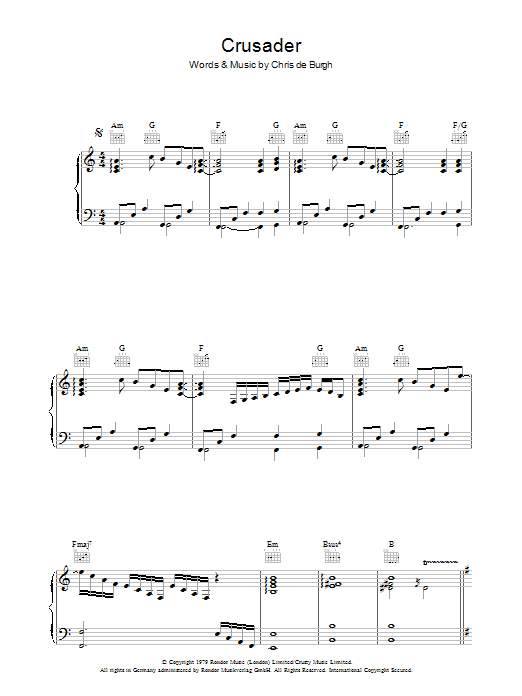 Learn to play Chris de Burgh Crusader sheet music for Piano, Vocal & Guitar Chords in minutes. Price: 7.8900$ Chris de Burgh Crusader sheet music notes and chords arranged for Piano, Vocal & Guitar Chords