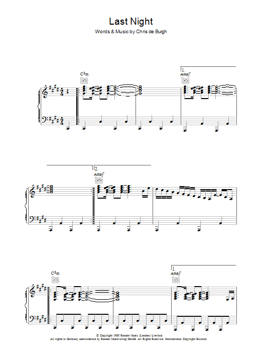 Learn to play Chris de Burgh Last Night sheet music for Piano, Vocal & Guitar Chords in minutes. Price: 7.8900$ Chris de Burgh Last Night sheet music notes and chords arranged for Piano, Vocal & Guitar Chords