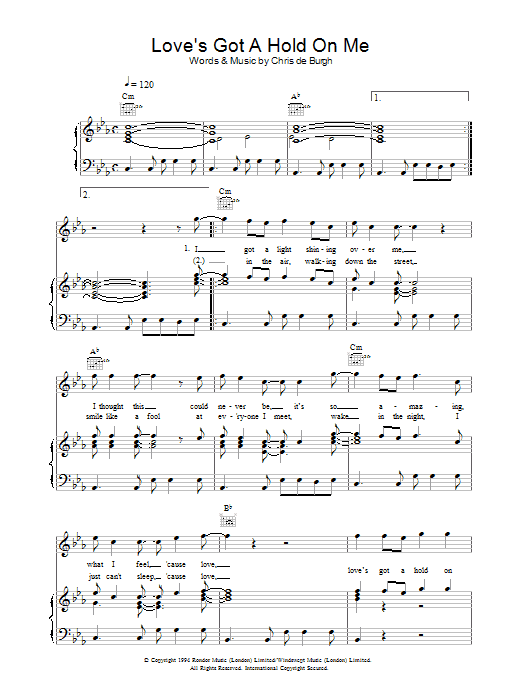 Learn to play Chris de Burgh Love's Got A Hold On Me sheet music for Piano, Vocal & Guitar Chords in minutes. Price: 7.8900$ Chris de Burgh Love's Got A Hold On Me sheet music notes and chords arranged for Piano, Vocal & Guitar Chords