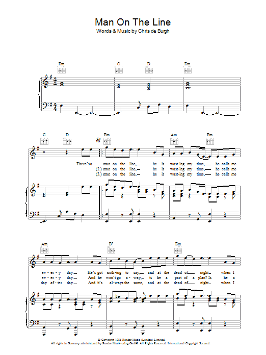 Learn to play Chris de Burgh Man On The Line sheet music for Piano, Vocal & Guitar Chords in minutes. Price: 7.8900$ Chris de Burgh Man On The Line sheet music notes and chords arranged for Piano, Vocal & Guitar Chords
