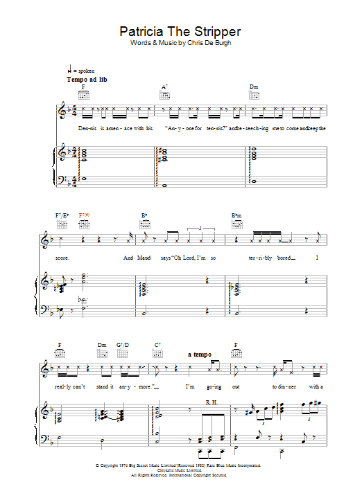 Learn to play Chris de Burgh Patricia The Stripper sheet music for Piano, Vocal & Guitar Chords in minutes. Price: 7.8900$ Chris de Burgh Patricia The Stripper sheet music notes and chords arranged for Piano, Vocal & Guitar Chords