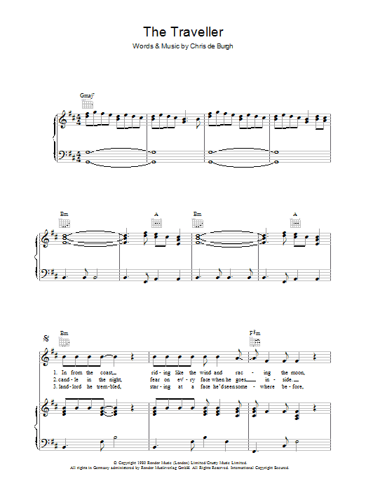 Learn to play Chris de Burgh The Traveller sheet music for Piano, Vocal & Guitar Chords in minutes. Price: 7.8900$ Chris de Burgh The Traveller sheet music notes and chords arranged for Piano, Vocal & Guitar Chords