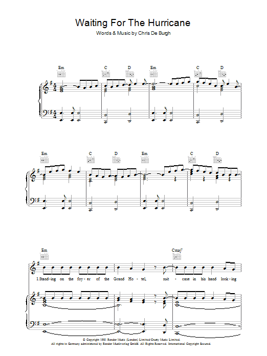 Learn to play Chris de Burgh Waiting For The Hurricane sheet music for Piano, Vocal & Guitar Chords in minutes. Price: 7.8900$ Chris de Burgh Waiting For The Hurricane sheet music notes and chords arranged for Piano, Vocal & Guitar Chords