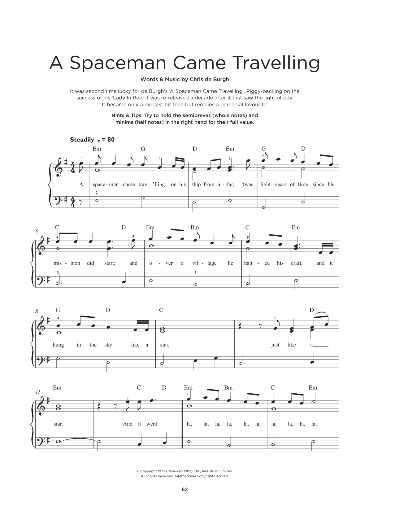 Chris DeBurgh A Spaceman Came Travelling sheet music notes and chords. Download Printable PDF.