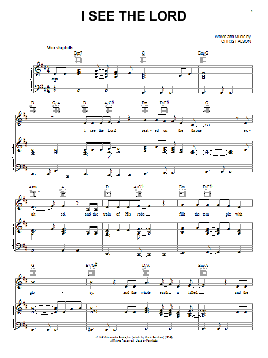 Learn to play Chris Falson I See The Lord sheet music for Piano, Vocal & Guitar Chords (Right-Hand Melody) in minutes. Price: 7.8900$ Chris Falson I See The Lord sheet music notes and chords arranged for Piano, Vocal & Guitar Chords (Right-Hand Melody)