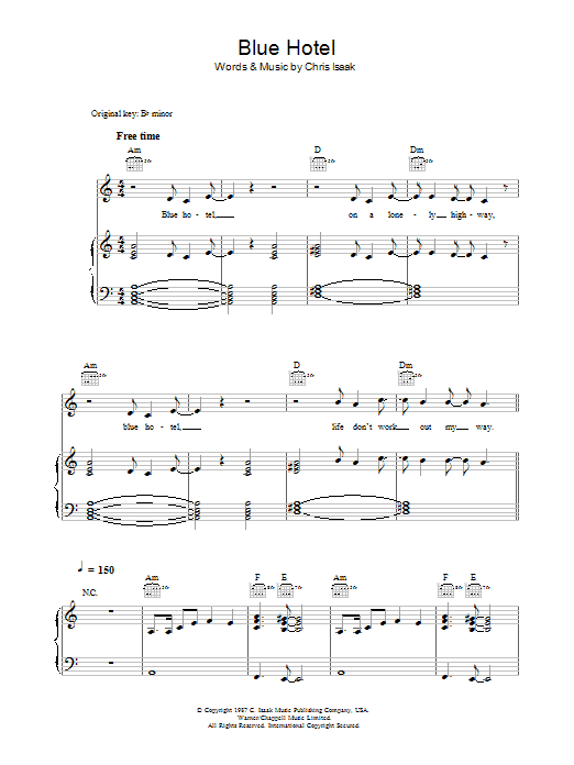 Chris Isaak Blue Hotel sheet music notes and chords. Download Printable PDF.