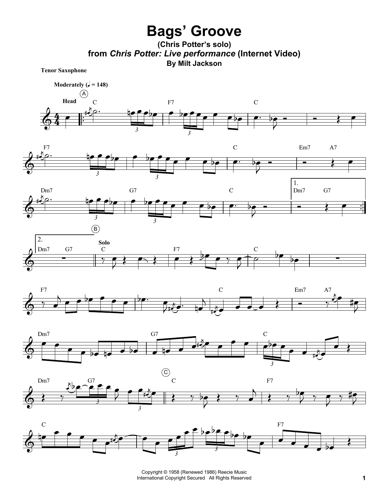 Chris Potter Bags' Groove sheet music notes and chords. Download Printable PDF.