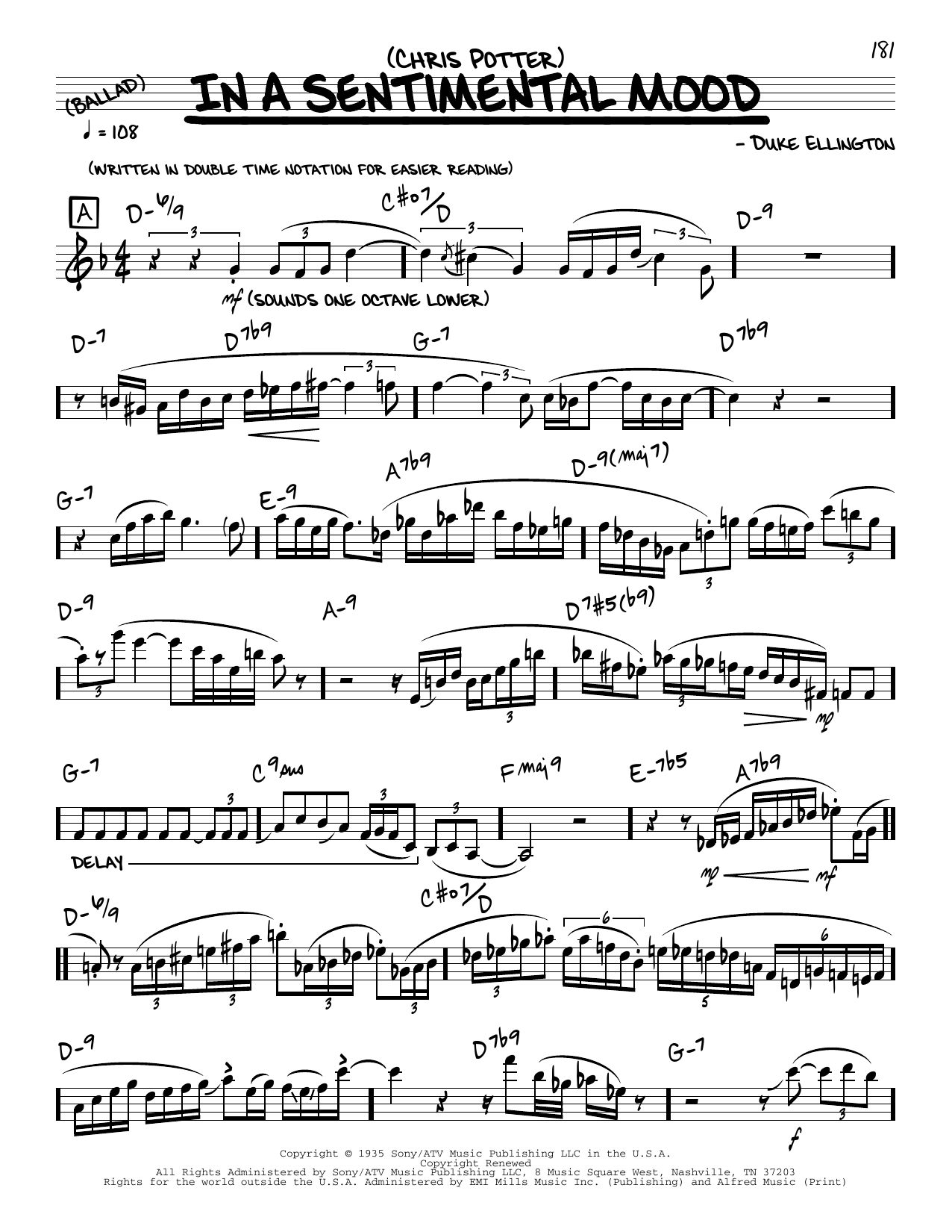 Chris Potter In A Sentimental Mood (solo only) sheet music notes and chords. Download Printable PDF.