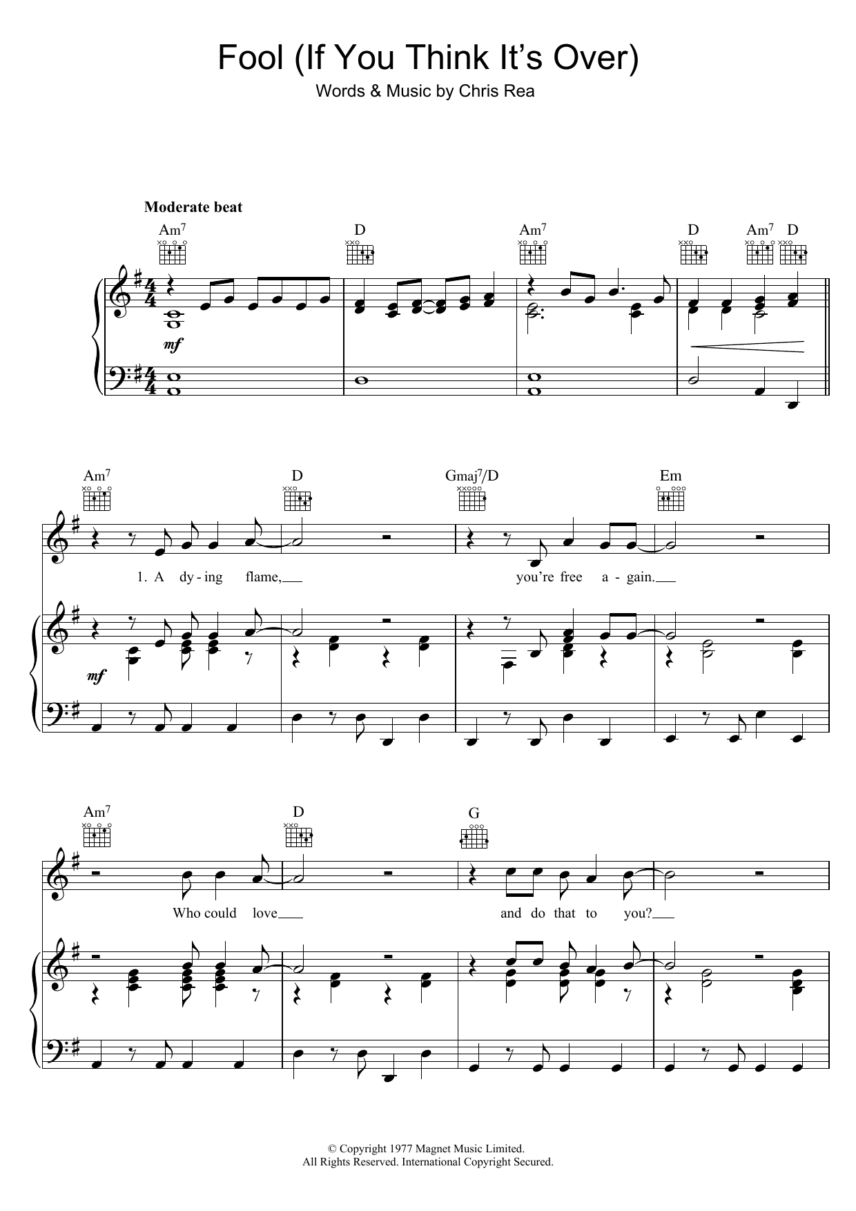 Chris Rea Fool (If You Think It's Over) sheet music notes and chords arranged for Piano, Vocal & Guitar Chords