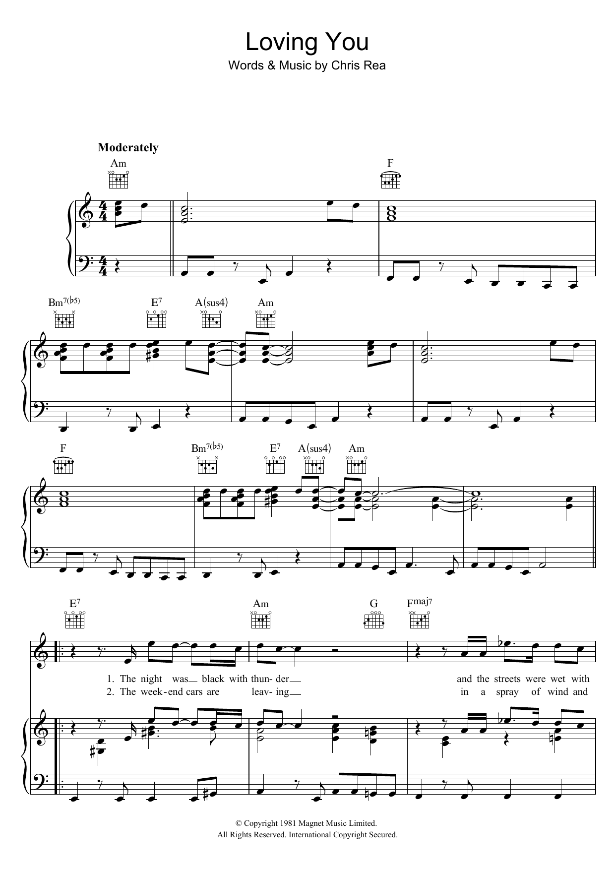 Learn to play Chris Rea Loving You sheet music for Piano, Vocal & Guitar Chords in minutes. Price: 7.8900$ Chris Rea Loving You sheet music notes and chords arranged for Piano, Vocal & Guitar Chords