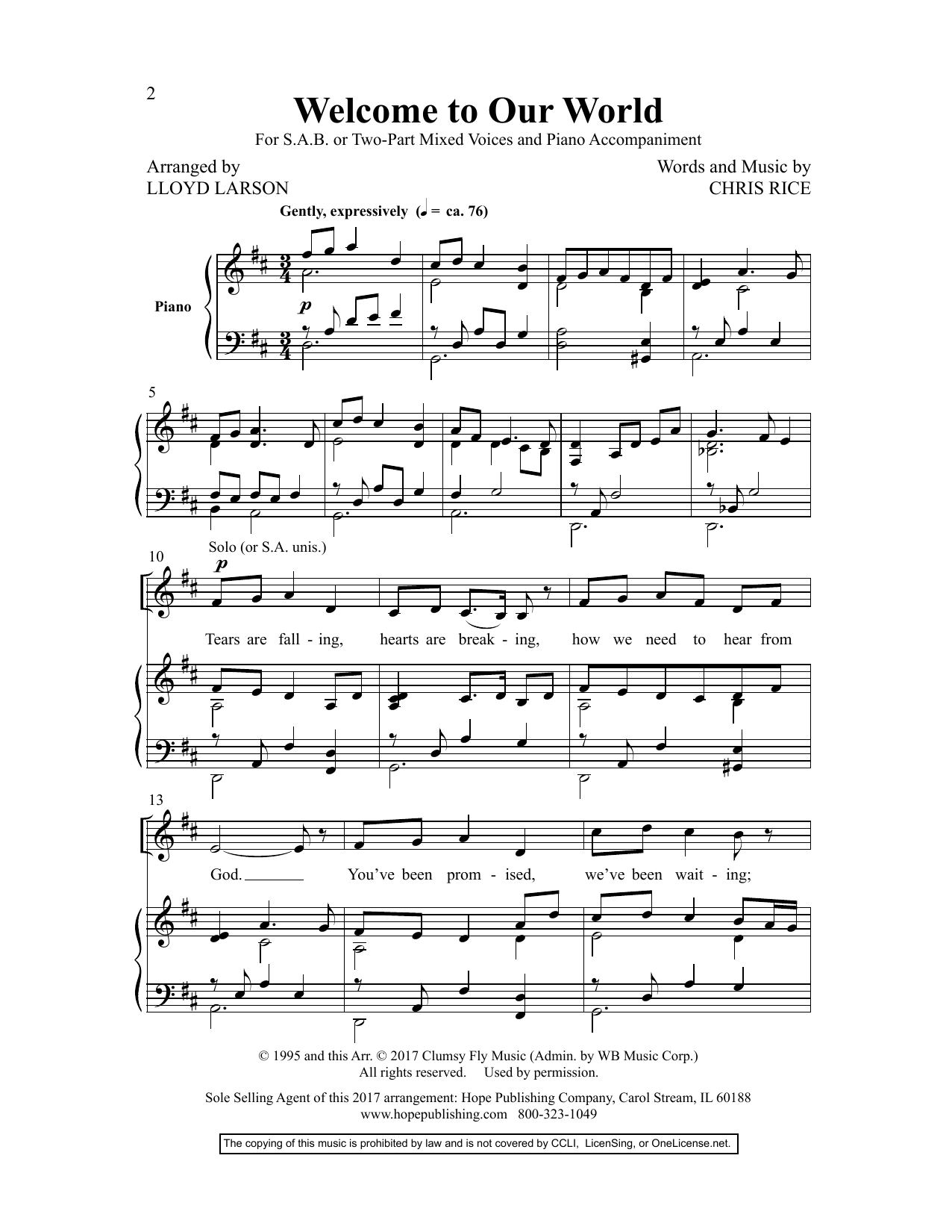 Chris Rice Welcome to Our World (arr. Lloyd Larson) sheet music notes and chords. Download Printable PDF.