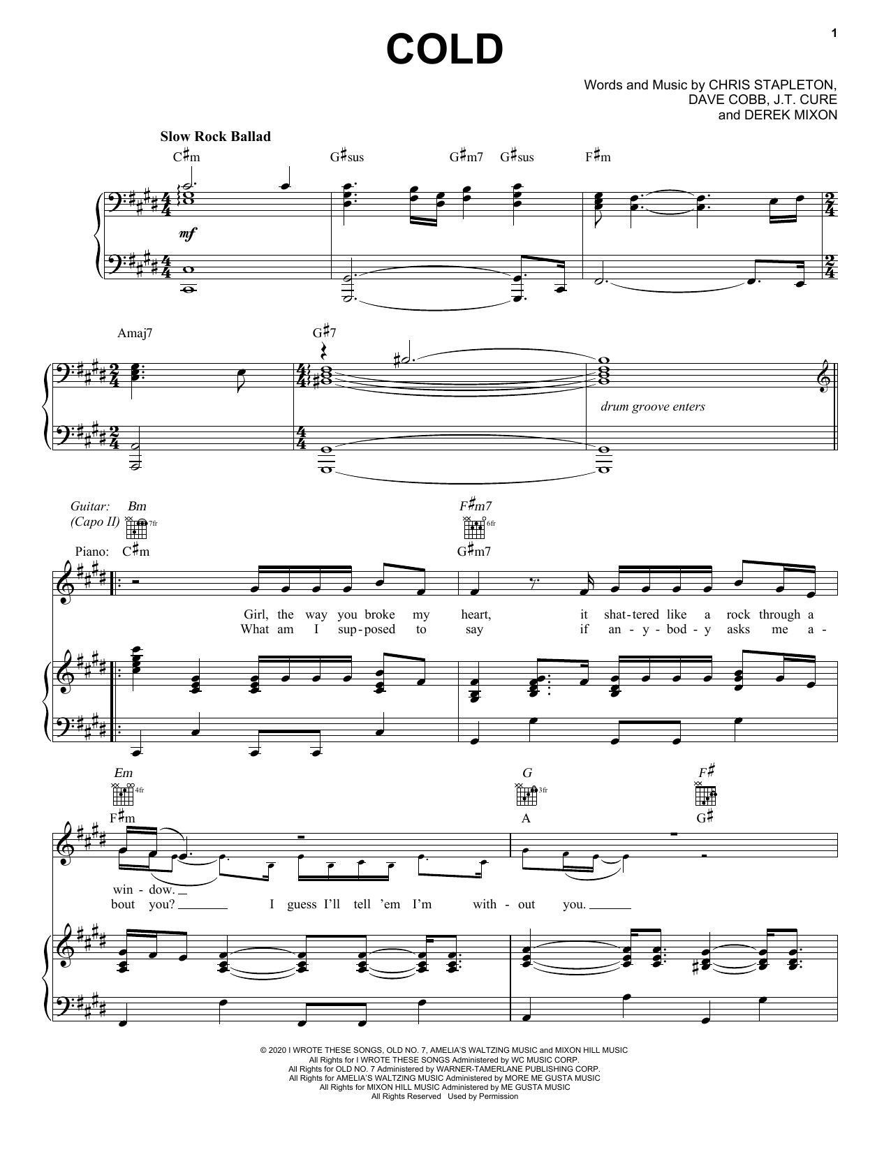 Chris Stapleton Cold sheet music notes and chords. Download Printable PDF.