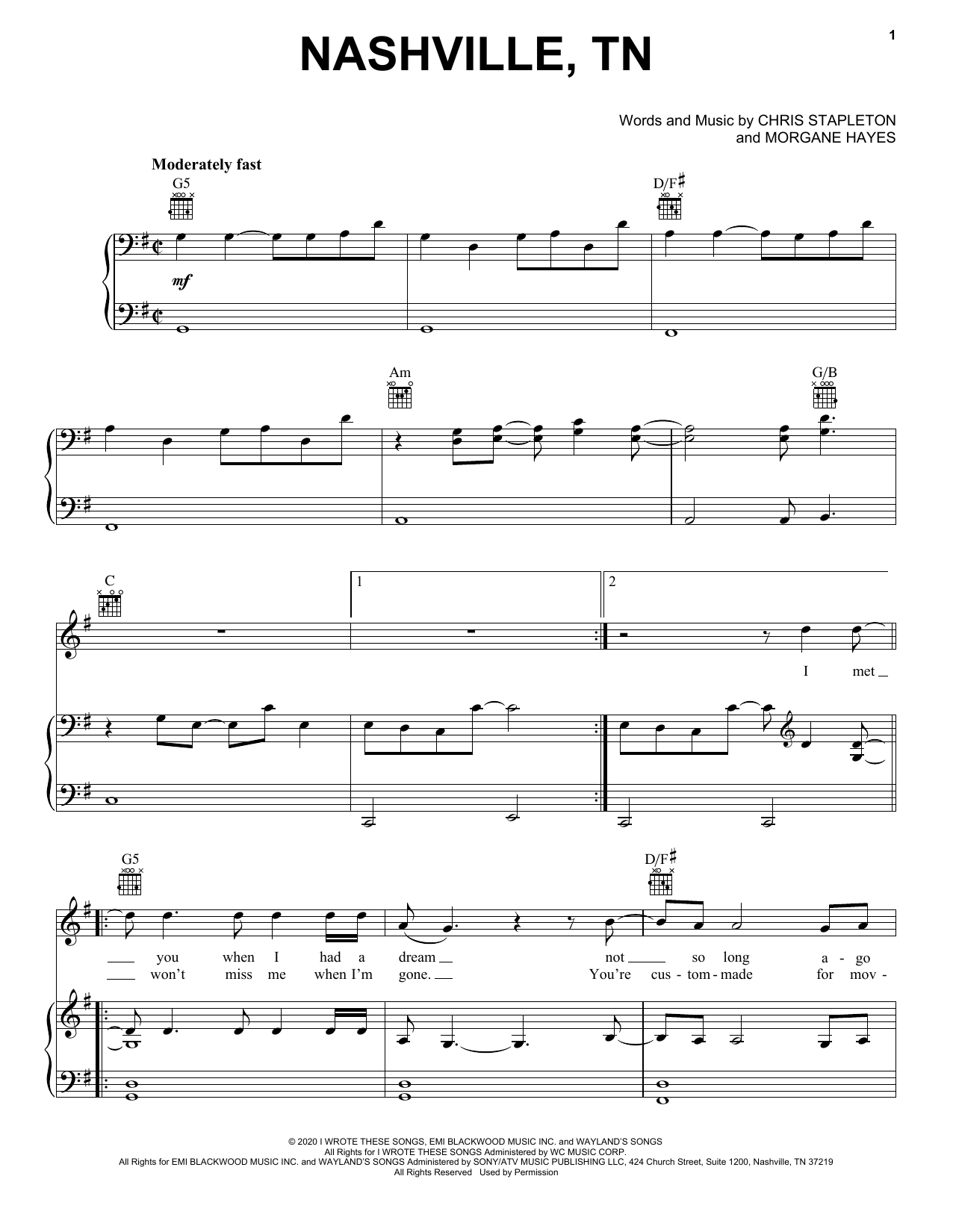 Learn to play Chris Stapleton Nashville, TN sheet music for Piano, Vocal & Guitar Chords (Right-Hand Melody) in minutes. Price: 6.9900$ Chris Stapleton Nashville, TN sheet music notes and chords arranged for Piano, Vocal & Guitar Chords (Right-Hand Melody)