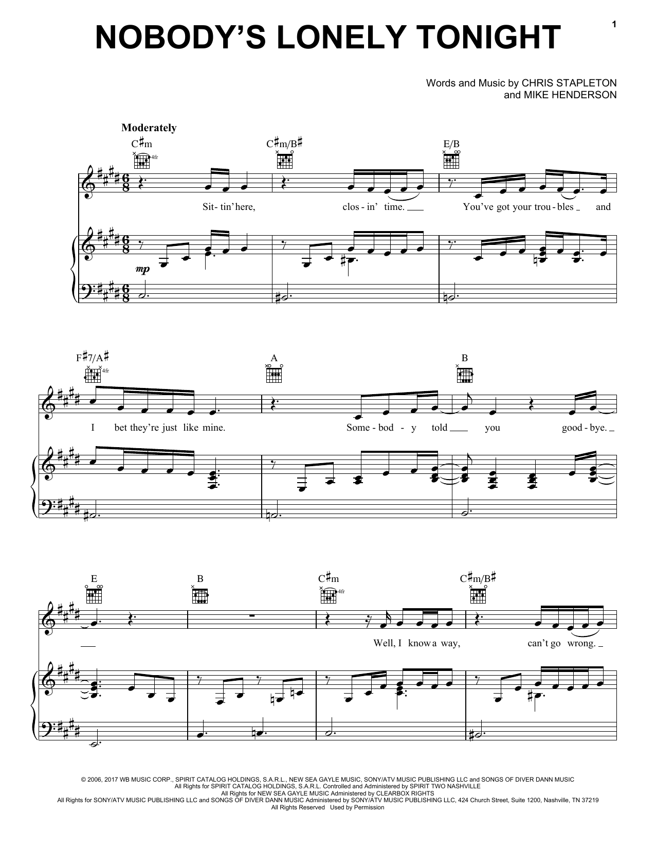 Chris Stapleton Nobody's Lonely Tonight sheet music notes and chords. Download Printable PDF.