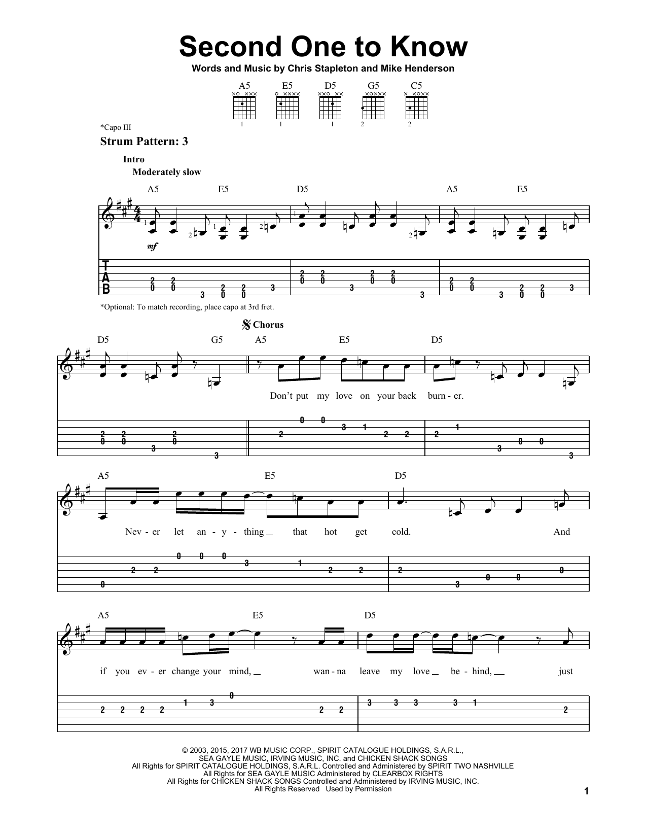 Chris Stapleton Second One To Know sheet music notes and chords. Download Printable PDF.