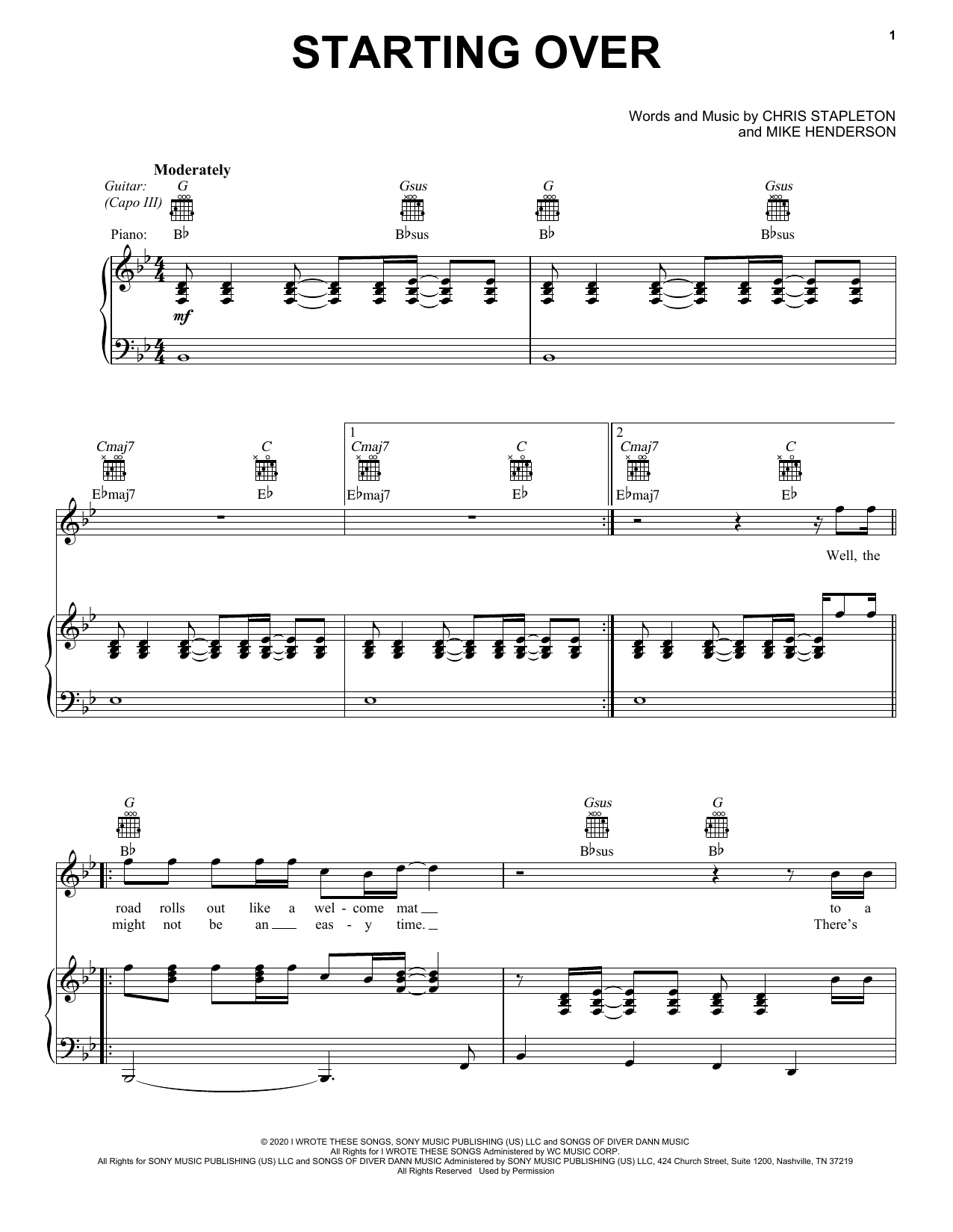 Chris Stapleton Starting Over sheet music notes and chords. Download Printable PDF.