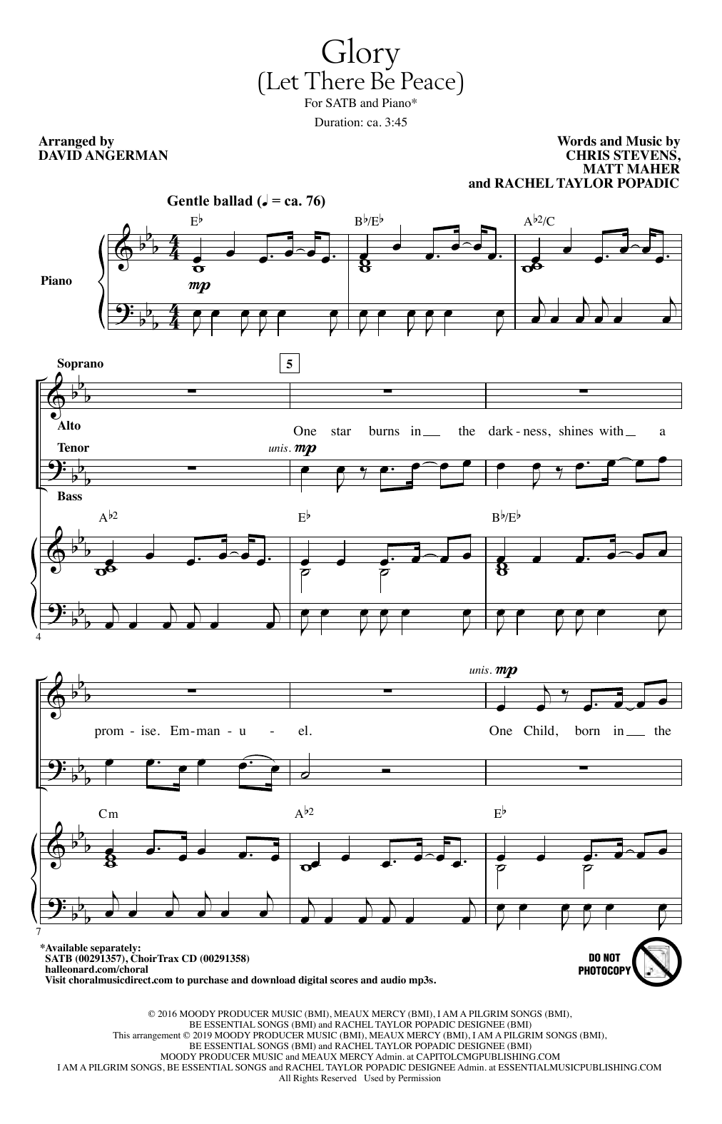 Chris Stevens, Matt Maher & Rachel Popadic Glory (Let There Be Peace) (arr. David Angerman) sheet music notes and chords. Download Printable PDF.