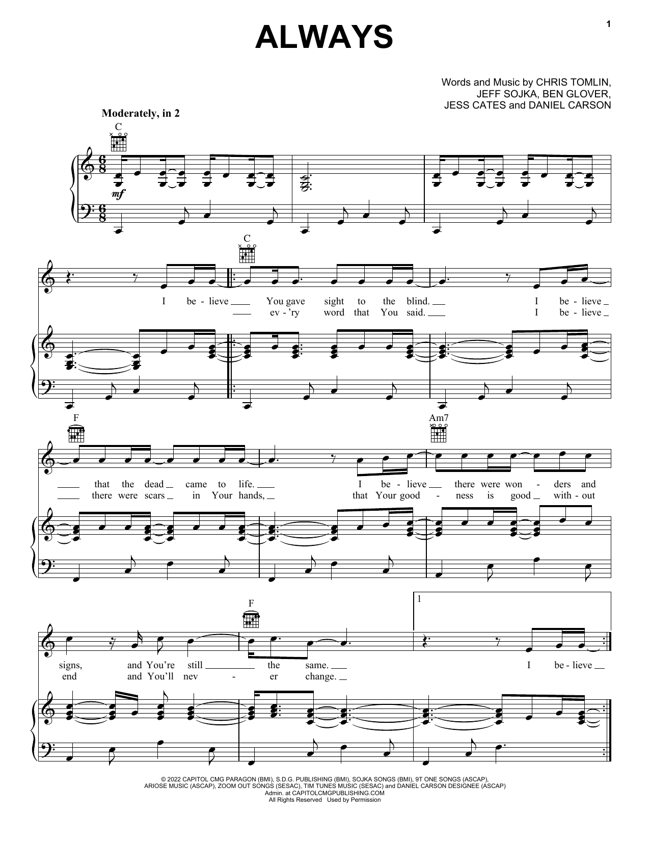 Chris Tomlin Always sheet music notes and chords. Download Printable PDF.