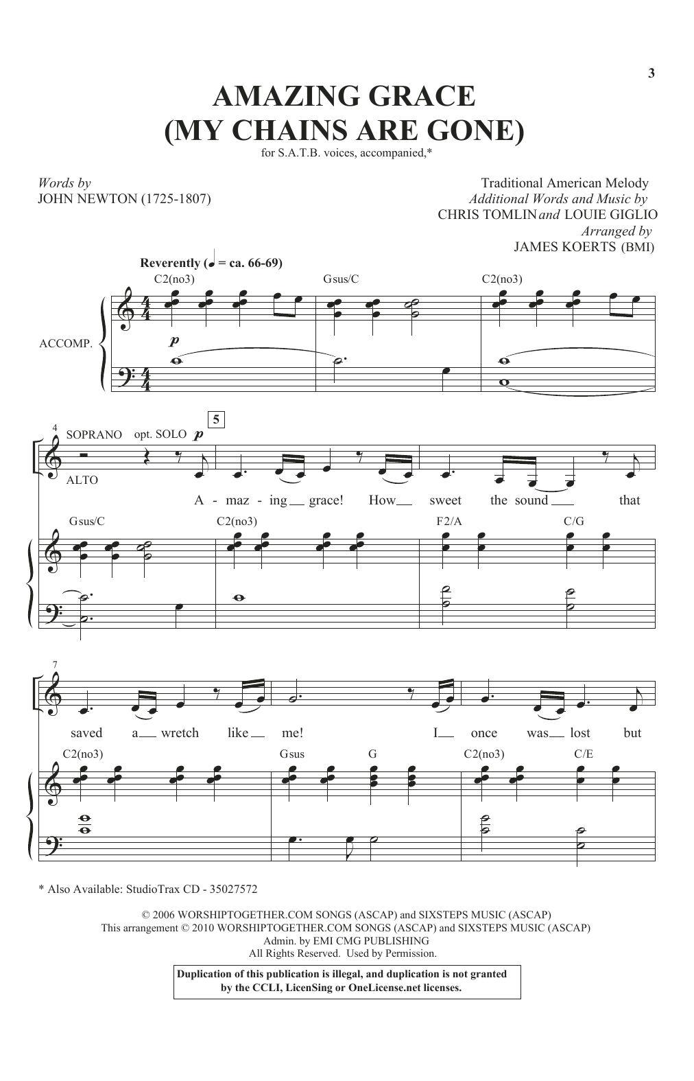 Chris Tomlin Amazing Grace (My Chains Are Gone) (arr. James Koerts) sheet music notes and chords. Download Printable PDF.