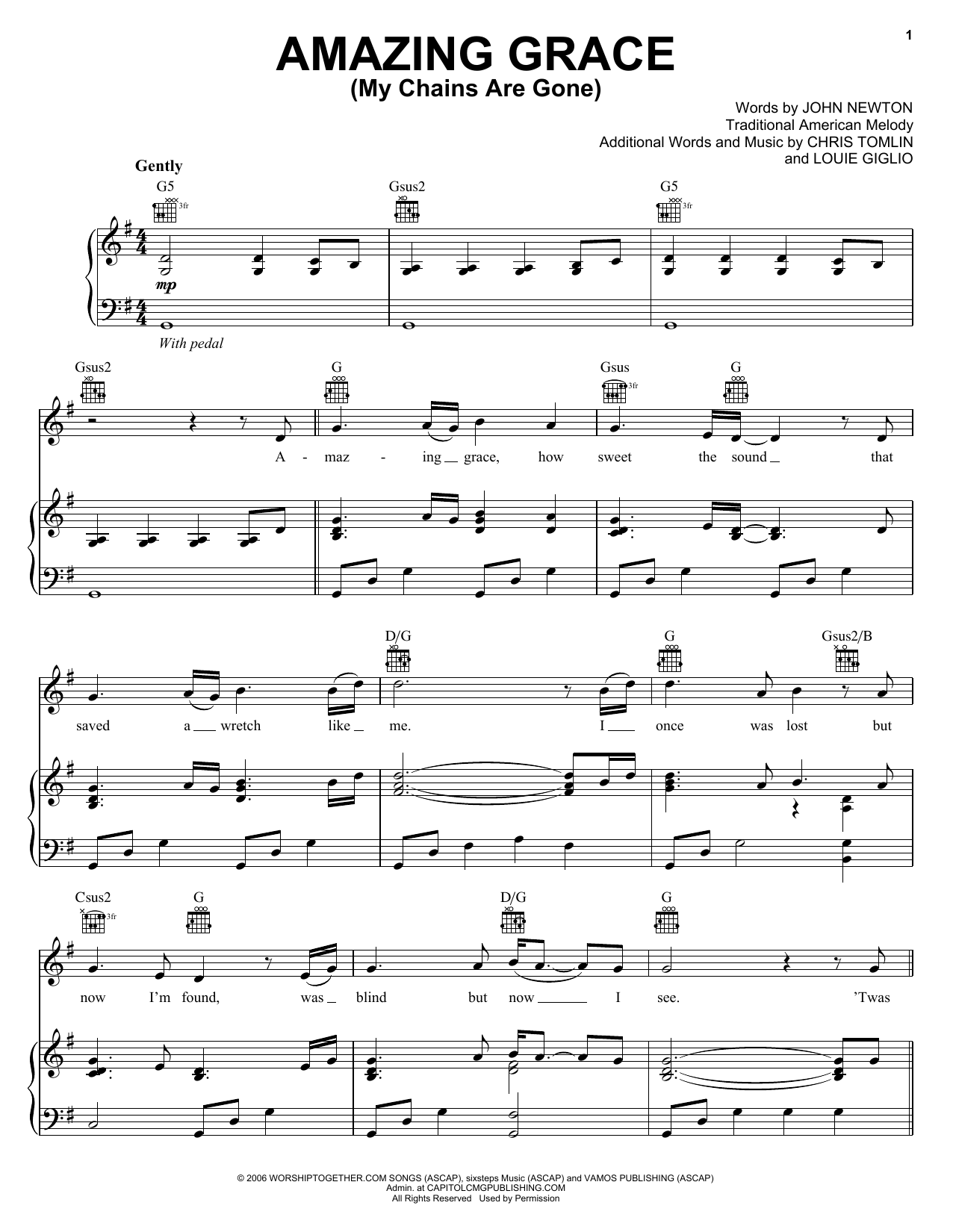 Chris Tomlin Amazing Grace (My Chains Are Gone) sheet music notes and chords. Download Printable PDF.