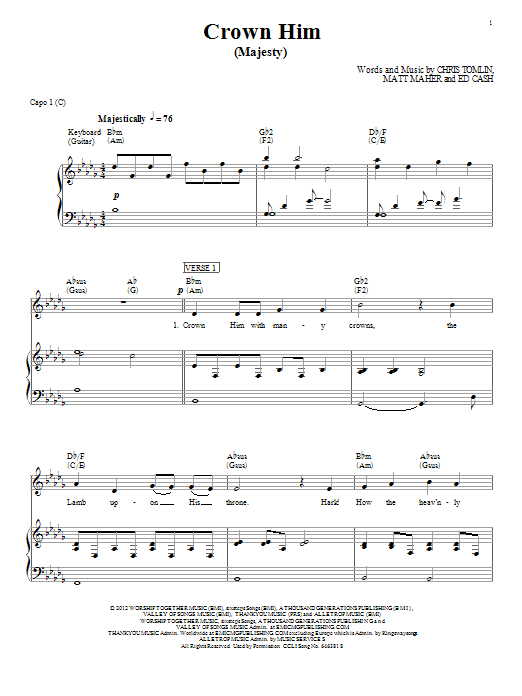 Chris Tomlin Crown Him (Majesty) sheet music notes and chords arranged for Piano, Vocal & Guitar Chords (Right-Hand Melody)