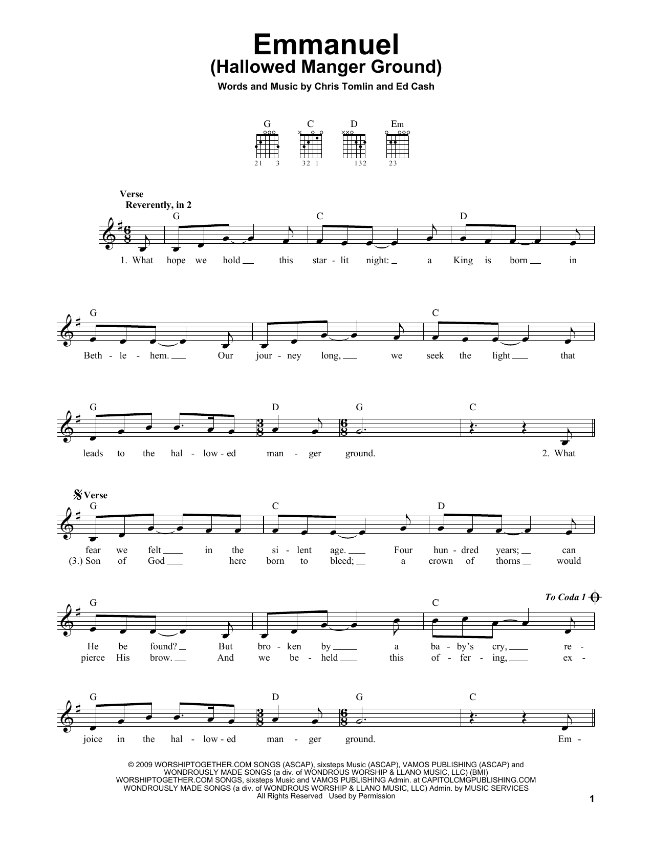 Chris Tomlin Emmanuel (Hallowed Manger Ground) sheet music notes and chords. Download Printable PDF.