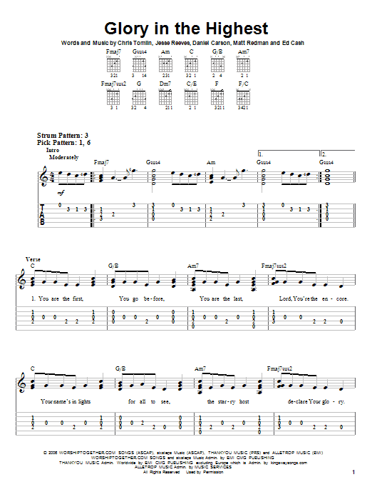 Chris Tomlin Glory In The Highest sheet music notes and chords arranged for Piano, Vocal & Guitar Chords (Right-Hand Melody)