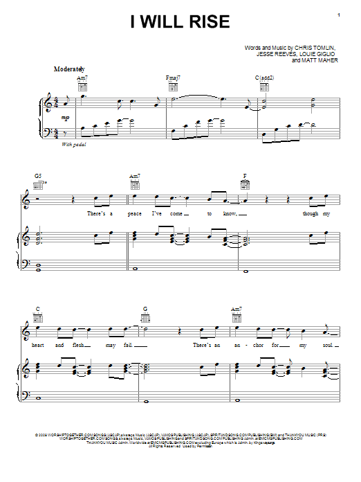 Chris Tomlin I Will Rise sheet music notes and chords arranged for Piano & Vocal