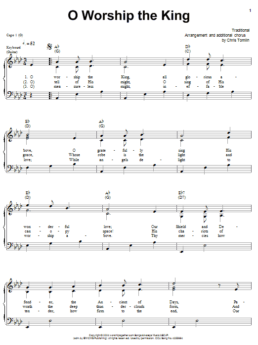 Learn to play Chris Tomlin O Worship The King sheet music for Piano, Vocal & Guitar Chords (Right-Hand Melody) in minutes. Price: 7.8900$ Chris Tomlin O Worship The King sheet music notes and chords arranged for Piano, Vocal & Guitar Chords (Right-Hand Melody)