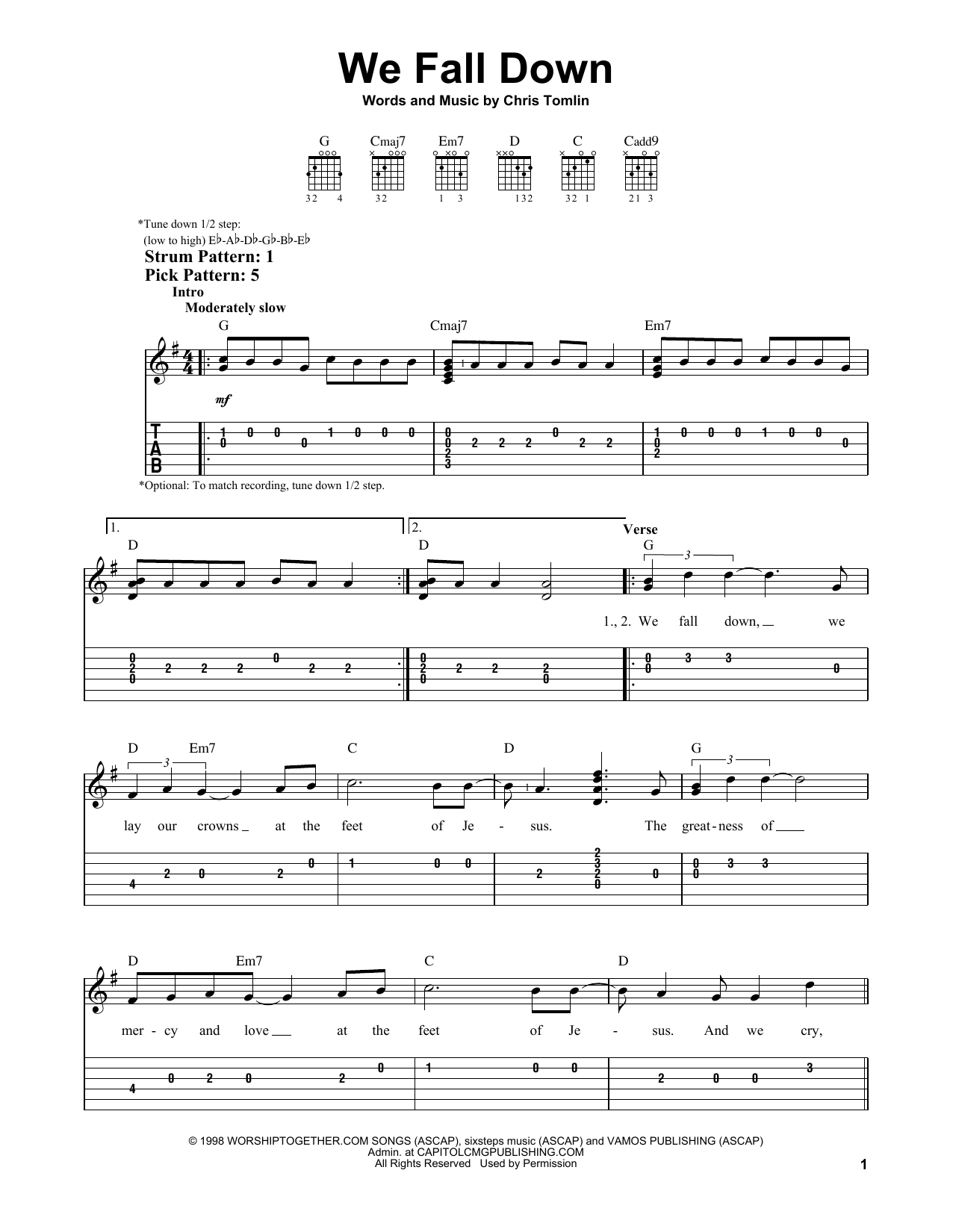 Chris Tomlin We Fall Down sheet music notes and chords. Download Printable PDF.