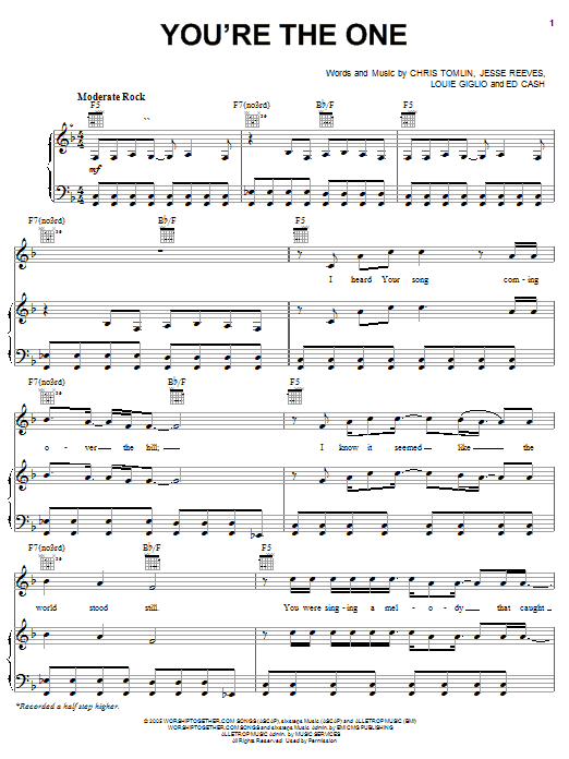 Learn to play Chris Tomlin You're The One sheet music for Piano, Vocal & Guitar Chords (Right-Hand Melody) in minutes. Price: 7.8900$ Chris Tomlin You're The One sheet music notes and chords arranged for Piano, Vocal & Guitar Chords (Right-Hand Melody)